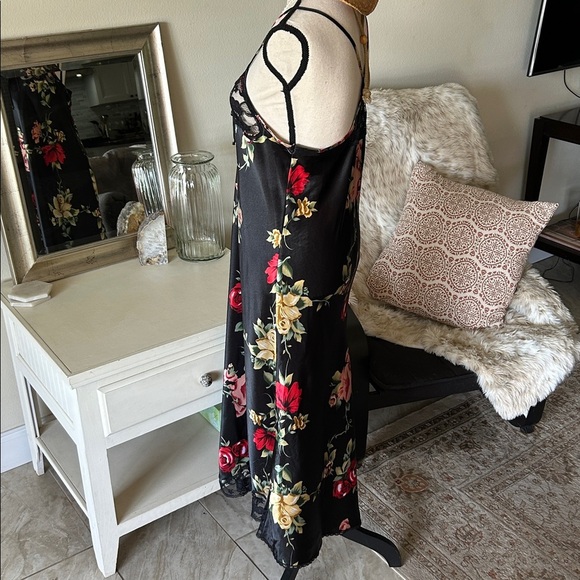 Cinema etoile VTG 🌺 black satin boho romantic floral lace maxi slip dress L​ - Picture 6 of 14
